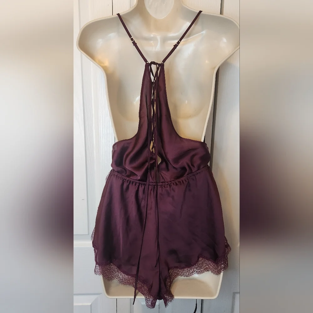 VICTORIA'S SECRET Burgandy Core Satin Side Tie Romper Size Small Lace - Picture 5 of 8